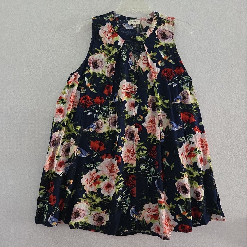 Umgee Floral Print Sleeveless Top Keyhole Casual Blouse Boho Small Bird Blue